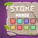 Kamenná deska s nápisem STONE MERGE a barevnými čtverci na fialovém pozadí