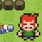 Pixelová postava s červenými vlasy stojí na zelené trávě vedle rozložených bloků, s nápisem STONE SMACKER v levém dolním rohu