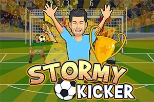 Kreslená postava fotbalisty se zvednutýma rukama stojí před brankou s míčem a trofejí, v pozadí je stadion s diváky