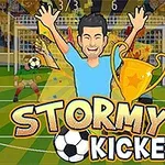 Kreslená postava fotbalisty se zvednutýma rukama stojí před brankou s míčem a trofejí, v pozadí je stadion s diváky
