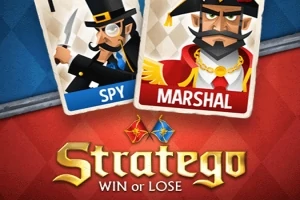 Ilustrace dvou postav na kartách, špion a maršál, s nápisem Stratego: Win or Lose na červeném a modrém pozadí