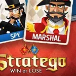 Ilustrace dvou postav na kartách, špion a maršál, s nápisem Stratego: Win or Lose na červeném a modrém pozadí