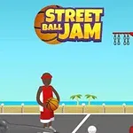 Basktebalista v červeném oblečení drží míč na hřišti poblíž basketbalové tabule, s mořem a palmami v pozadí