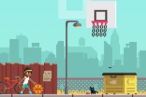 Pixelová ilustrace městské basketbalové scény s postavou držící míč, kolem je kolo, košík a kočka, s panoramatem města v pozadí