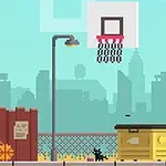 Pixelová ilustrace městské basketbalové scény s postavou držící míč, kolem je kolo, košík a kočka, s panoramatem města v pozadí