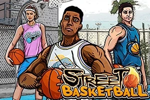 Tři kreslené postavy s basketbalovými míči stojí na venkovním hřišti s basketbalovým košem a grafickým nápisem Street Basketball v popředí