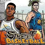 Tři kreslené postavy s basketbalovými míči stojí na venkovním hřišti s basketbalovým košem a grafickým nápisem Street Basketball v popředí