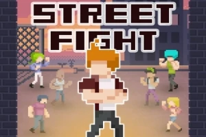 Pixelová postava v popředí scény s dalšími postavami v pozadí na pixelově ztvárněné ulici s nápisem Street Fight