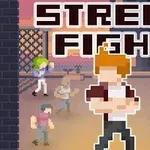 Pixelová postava v popředí scény s dalšími postavami v pozadí na pixelově ztvárněné ulici s nápisem Street Fight