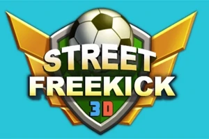 Fotbalový míč s textem Street Freekick 3D na zeleno-žlutém štítu na modrém pozadí