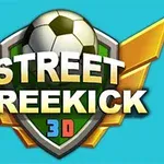 Fotbalový míč s textem Street Freekick 3D na zeleno-žlutém štítu na modrém pozadí
