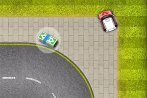 Červené auto zaparkované na chodníku vedle silnice, poblíž balíčku peněz
