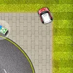 Červené auto zaparkované na chodníku vedle silnice, poblíž balíčku peněz