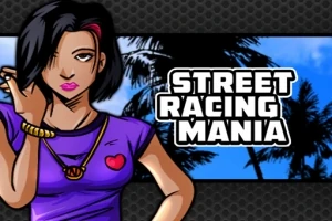 Žena s krátkými černými vlasy v fialovém tričku stojí vedle nápisu Street Racing Mania s pozadím palem na modré obloze