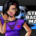 Žena s krátkými černými vlasy v fialovém tričku stojí vedle nápisu Street Racing Mania s pozadím palem na modré obloze