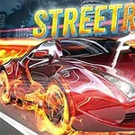 Červené sportovní auto obklopené plameny na pozadí s nápisy „Streetrace Fury“