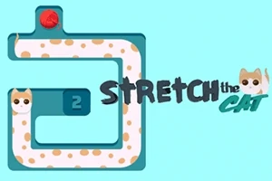 Kreslená kočka s dlouhým tělem, která se vine kolem bludiště, s textem Stretch the Cat vedle ní