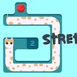 Kreslená kočka s dlouhým tělem, která se vine kolem bludiště, s textem Stretch the Cat vedle ní