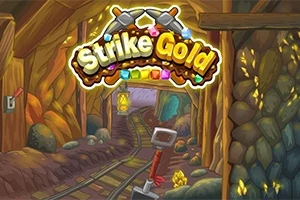 Barevný tunel dolu s nápisem, sbíječka opřená o koleje a zlaté nugety v popředí