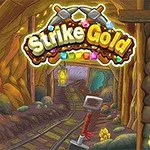 Barevný tunel dolu s nápisem, sbíječka opřená o koleje a zlaté nugety v popředí