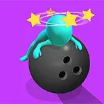 Modrý stylizovaný panáček sedící na černé bowlingové kouli s hvězdami točícími se kolem jeho hlavy na fialovém pozadí