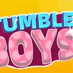 Barevné logo s textem STUMBLE BOYS na žlutém pozadí s postavičkou běžící na písmeně