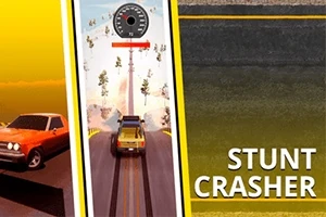 Červené auto na silnici, druhé auto projíždí rampou a text Stunt Crasher napravo