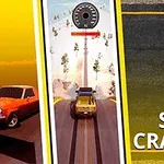 Červené auto na silnici, druhé auto projíždí rampou a text Stunt Crasher napravo