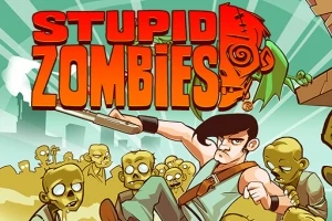 Muž s puškou obklopený kreslenými zombie postavami na pozadí města