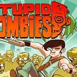 Muž s puškou obklopený kreslenými zombie postavami na pozadí města