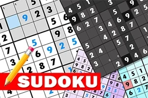 Skládačky se sudoku v různých barevných provedeních s tužkou a nápisem SUDOKU