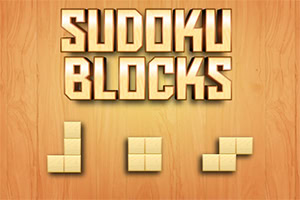 Název Sudoku Blocks na dřevěném pozadí s třemi různými tvary složenými z bloků