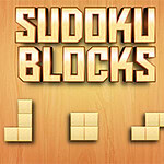 Název Sudoku Blocks na dřevěném pozadí s třemi různými tvary složenými z bloků