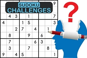 Sudoku mřížka s nápisem SUDOKU CHALLENGES a siluetou hlavy s tužkou a otazníkem