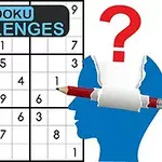 Sudoku mřížka s nápisem SUDOKU CHALLENGES a siluetou hlavy s tužkou a otazníkem
