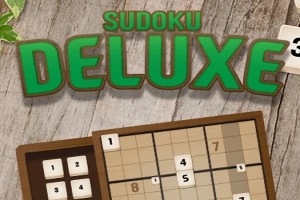 Název Sudoku Deluxe v zelené barvě nad obrazem sudoku mřížky a dřevěným pozadím