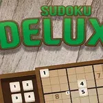 Název Sudoku Deluxe v zelené barvě nad obrazem sudoku mřížky a dřevěným pozadím