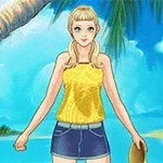 Dívka s blond vlasy stojí na pláži v žlutém topu a džínové sukni, za ní palma a plážová chata