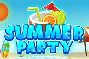 Plážová scéna s koktejlem, plátky ovoce a nápisem Summer Party