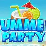 Plážová scéna s koktejlem, plátky ovoce a nápisem Summer Party