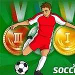 Fotbalista v červenobílém dresu kopající míč před zeleným pozadím s medailemi
