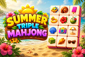 Barevný tropický motiv s nápisem „Summer Triple Mahjong, dlaždicemi s letními ikonami, palmami, květinami a písečnou pláží