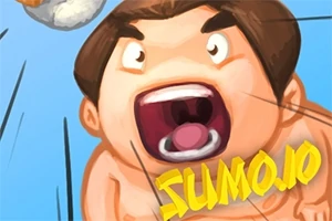 Karikatura sumo zápasníka s otevřenými ústy na modrém pozadí s názvem Sumo