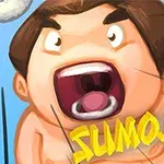 Karikatura sumo zápasníka s otevřenými ústy na modrém pozadí s názvem Sumo