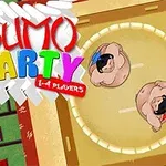 Dva sumo bojovníci v kruhové aréně z pohledu shora s barevným nápisem Sumo Party vlevo nahoře