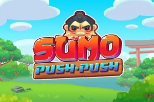 Barevný kreslený obrázek s nápisem Sumo Push Push a stylizovanou postavou sumo zápasníka, v pozadí je krajina s přírodou a bránou torii
