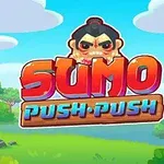 Barevný kreslený obrázek s nápisem Sumo Push Push a stylizovanou postavou sumo zápasníka, v pozadí je krajina s přírodou a bránou torii