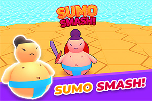 Dva kreslení sumo zápasníci s čelenkami na geometrickém podkladu a nápisem SUMO SMASH!
