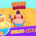 Dva kreslení sumo zápasníci s čelenkami na geometrickém podkladu a nápisem SUMO SMASH!