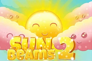 Usmívající se slunce obklopené růžovými a žlutými mraky s nápisem Sun Beams 2